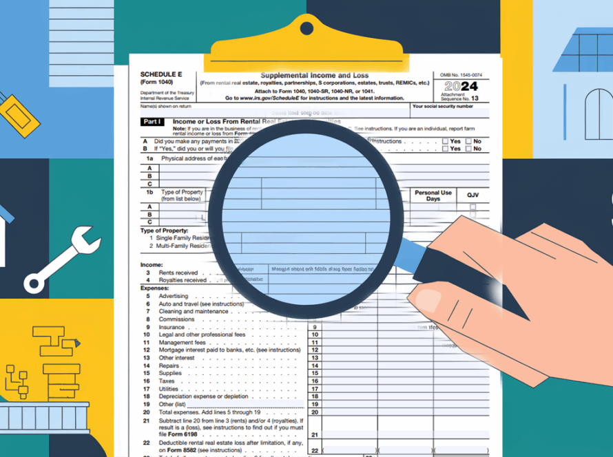 A stylized image of a hand holding a magnifying glass over a Schedule E tax form, with icons representing deductible expenses.