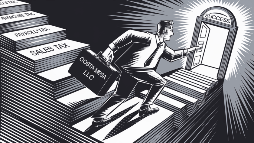 Woodcut illustration of a person climbing stairs made of tax forms towards a door labeled "Success."