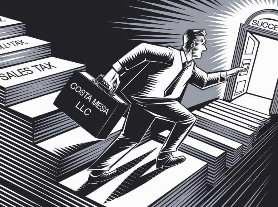 Woodcut illustration of a person climbing stairs made of tax forms towards a door labeled "Success."