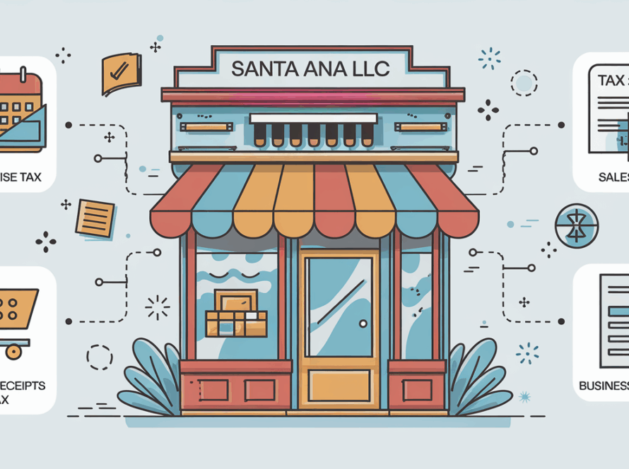 A block illustration showing a Santa Ana storefront with icons representing different LLC tax obligations.