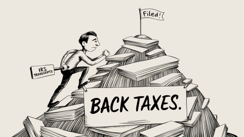 A detailed ink illustration of a person climbing a mountain of paperwork representing back taxes, with a "Filed!" flag at the summit.