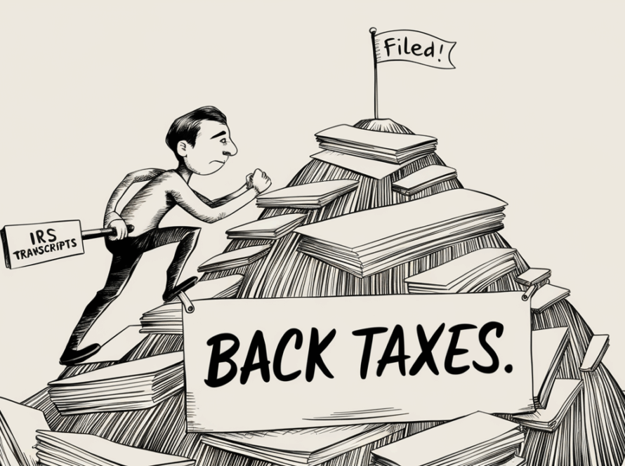 A detailed ink illustration of a person climbing a mountain of paperwork representing back taxes, with a "Filed!" flag at the summit.