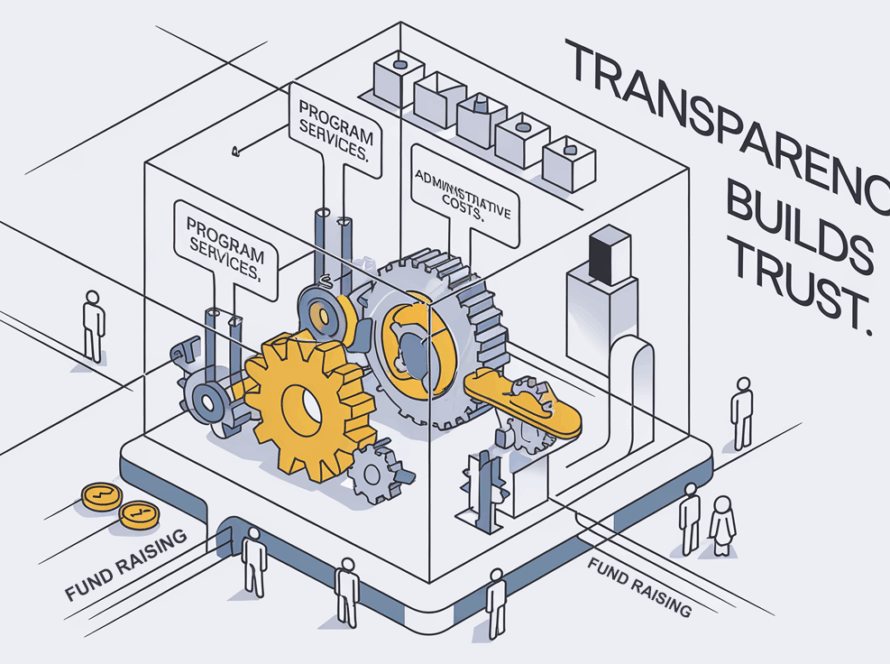 Isometric vector art of a transparent non-profit building with visible financial flows, symbolizing financial transparency.