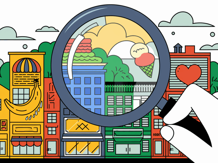 Magnifying glass examining a city with diverse businesses.