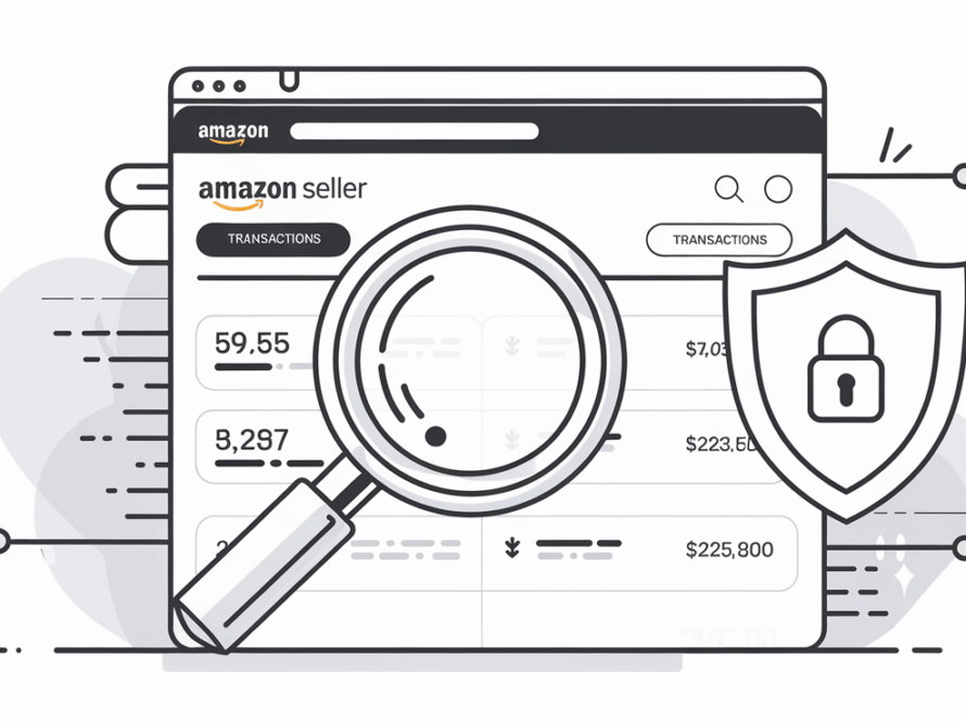 Magnifying glass inspecting Amazon seller account data with a security shield in the background.