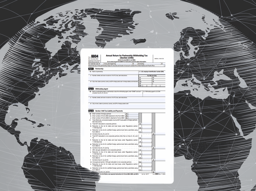 An illustration of a globe with Form 8804 superimposed, highlighting "Tax Treaties."