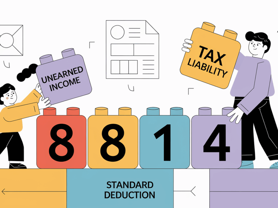 Block illustration of a parent and child building with Lego blocks that form '8814,' representing Form 8814 and the Kiddie Tax.