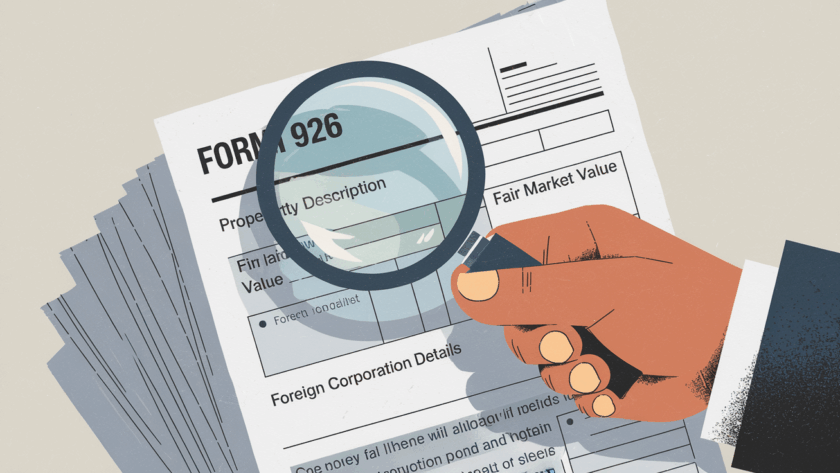 A hand holding a magnifying glass over Form 926.
