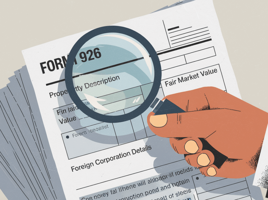 A hand holding a magnifying glass over Form 926.