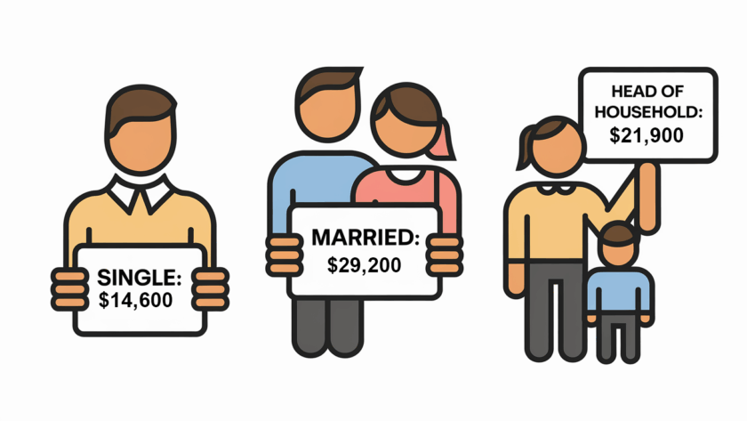 Three figures representing different filing statuses, each holding a sign with the standard deduction amount.