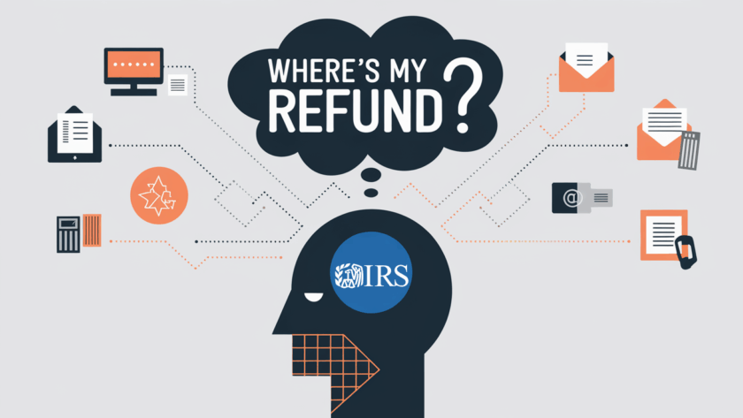 Geometric line art of a person thinking about their tax refund.