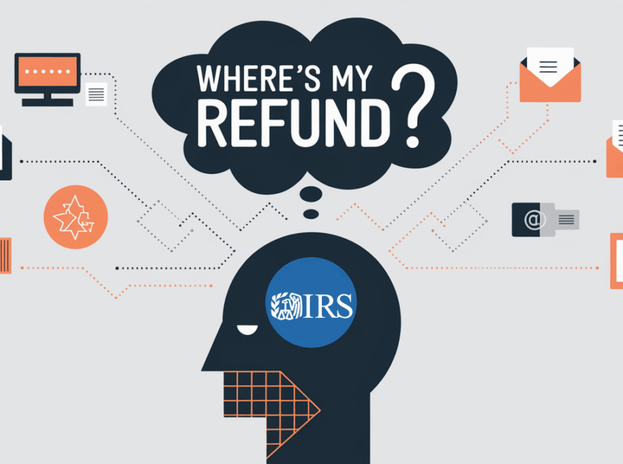 Geometric line art of a person thinking about their tax refund.