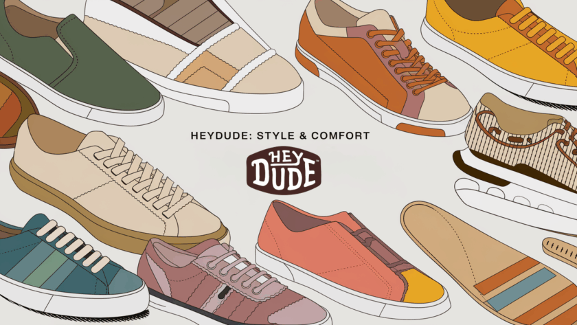 Line art illustration of various HEYDUDE shoes showcasing product diversity