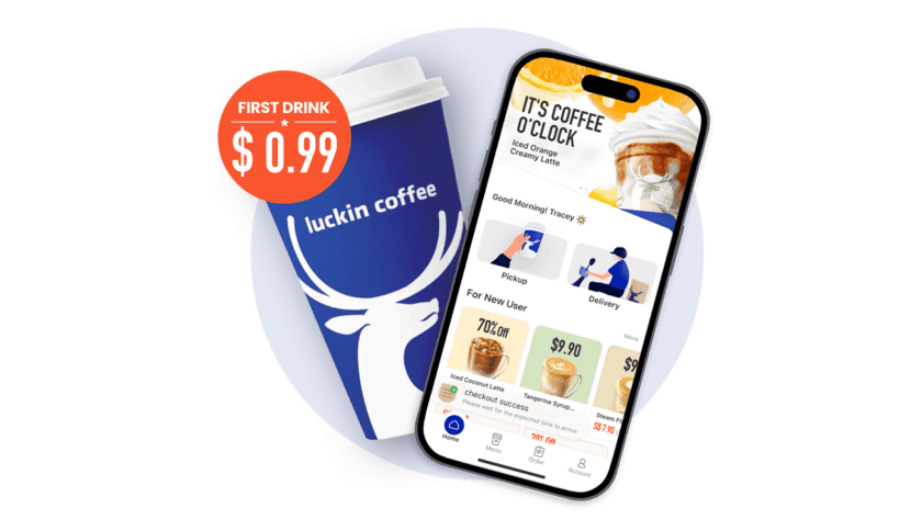 An smartphone with the Luckin Coffee app interface.