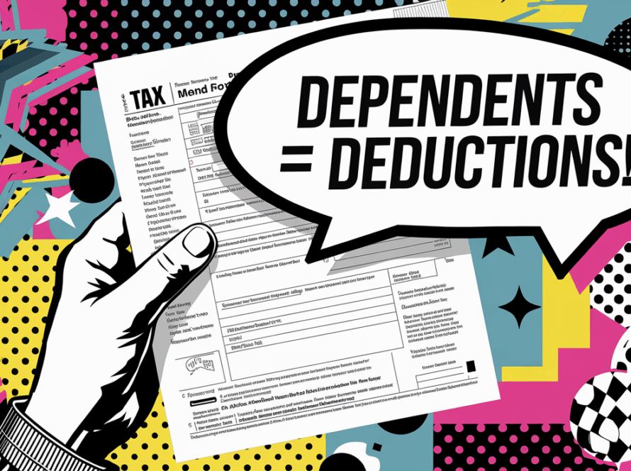 Pop Art illustration of a hand holding a tax form with a speech bubble emphasizing the connection between dependents and deductions.