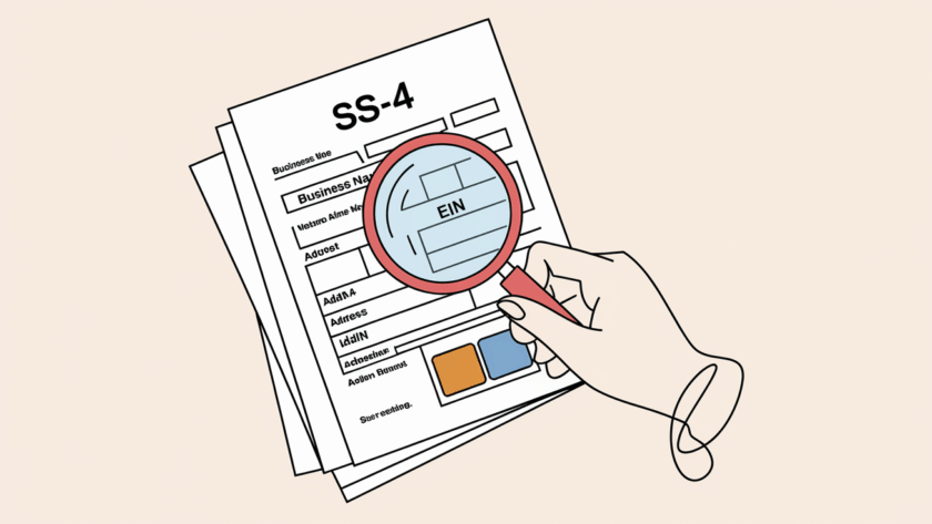 Line art drawing of a hand holding a magnifying glass over a form.