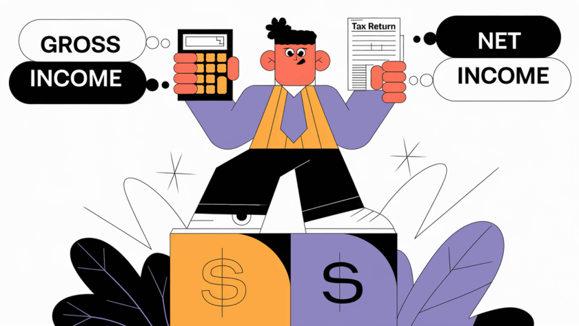 A person calculating their income on top of a dollar sign.