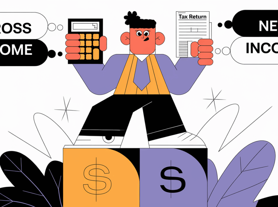 A person calculating their income on top of a dollar sign.