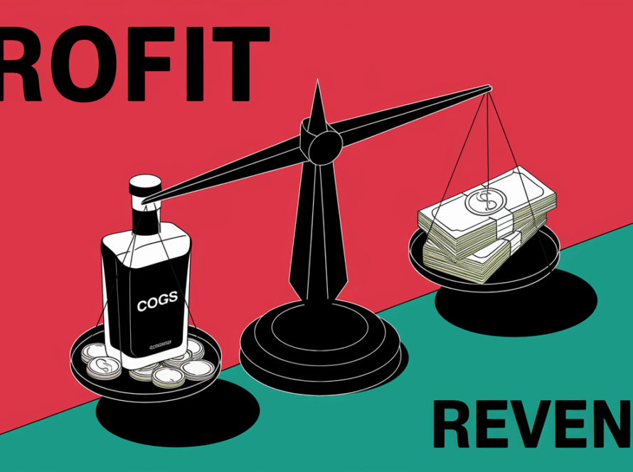 Block illustration of a scale with "COGS" and "Revenue" on either side, tipping towards "Revenue."