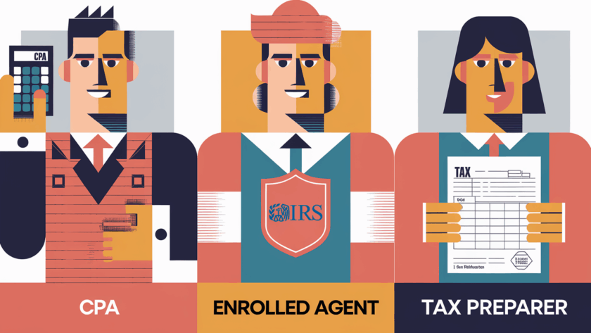 A vector graphic illustrating the differences between a CPA, Enrolled Agent, and Tax Preparer.