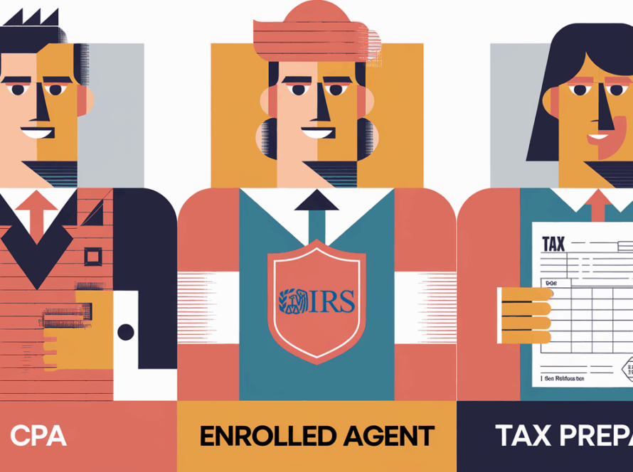 A vector graphic illustrating the differences between a CPA, Enrolled Agent, and Tax Preparer.