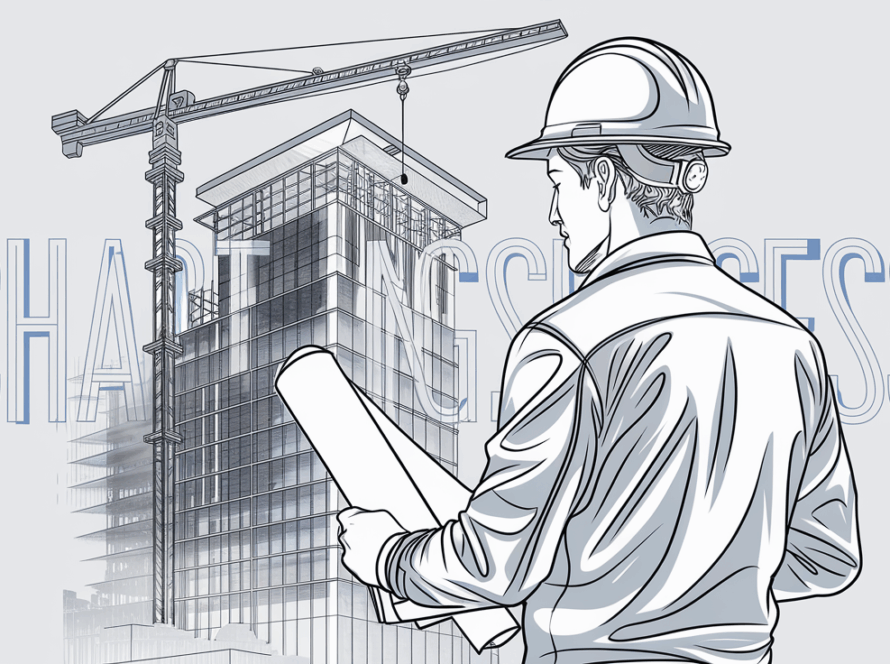 Line art of a construction worker with blueprint in front of a skyscraper.