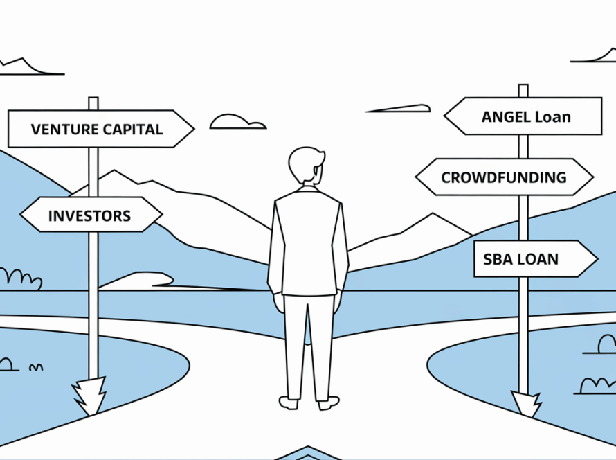 Line art person at a crossroads with different investor options.