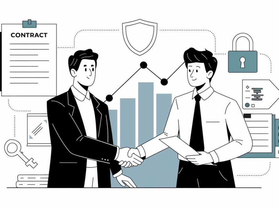 Vector line art of a business owner and bookkeeper shaking hands
