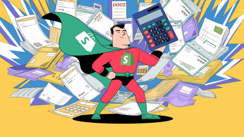 An advertising illustration of a superhero accountant protecting a Shopify store from a whirlwind of financial documents.