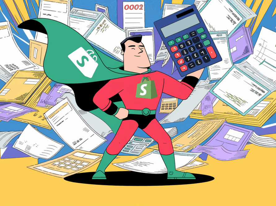 An advertising illustration of a superhero accountant protecting a Shopify store from a whirlwind of financial documents.