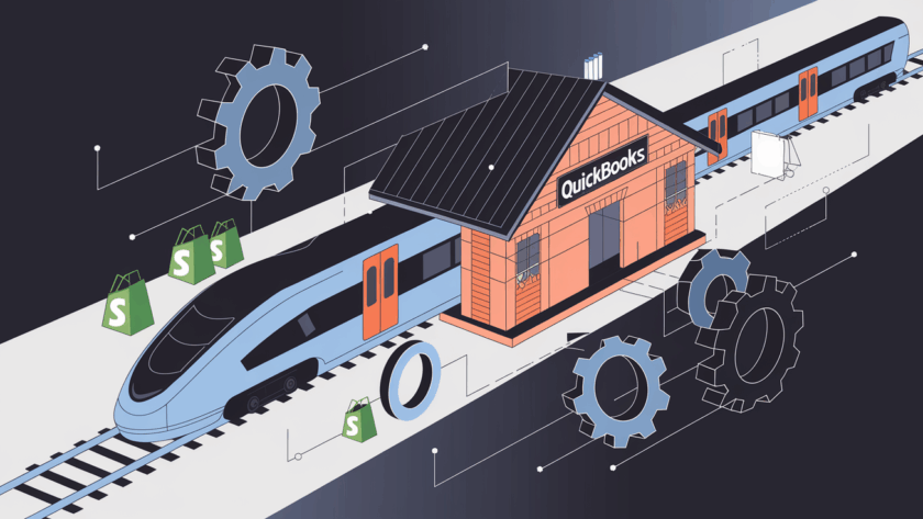 A stylized train labeled "Shopify" connecting to a station labeled "QuickBooks."