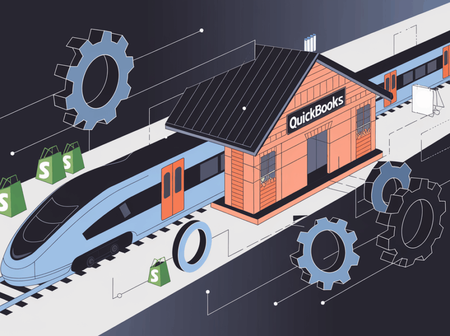 A stylized train labeled "Shopify" connecting to a station labeled "QuickBooks."