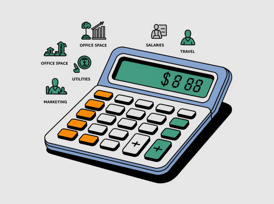 Line art graphic of a calculator with icons representing various business expenses.
