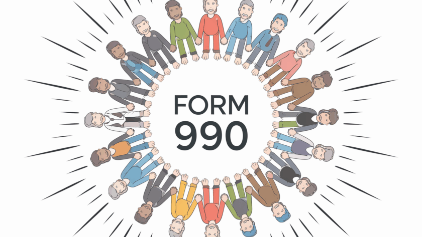 Vector line art of people around Form 990 with radiating light.