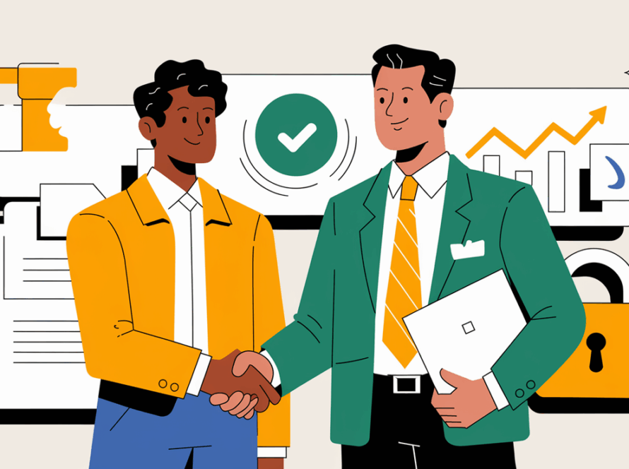 A taxpayer and a CPA shaking hands with positive symbols in the background.