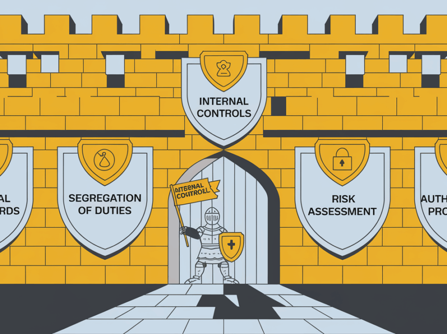 A block illustration of a castle protected by shields labeled with internal control components.