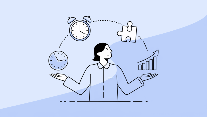 Line art drawing of a person juggling business challenges