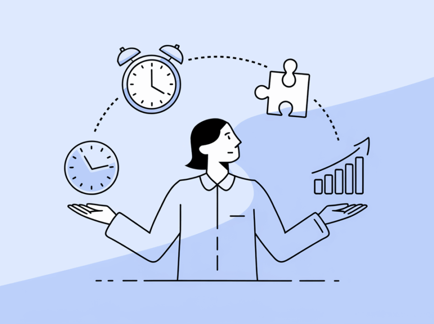 Line art drawing of a person juggling business challenges