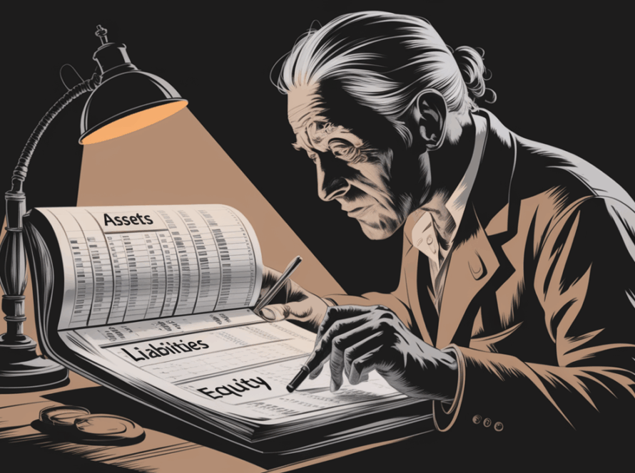 Charcoal illustration of an accountant reviewing a ledger filled with debits and credits.