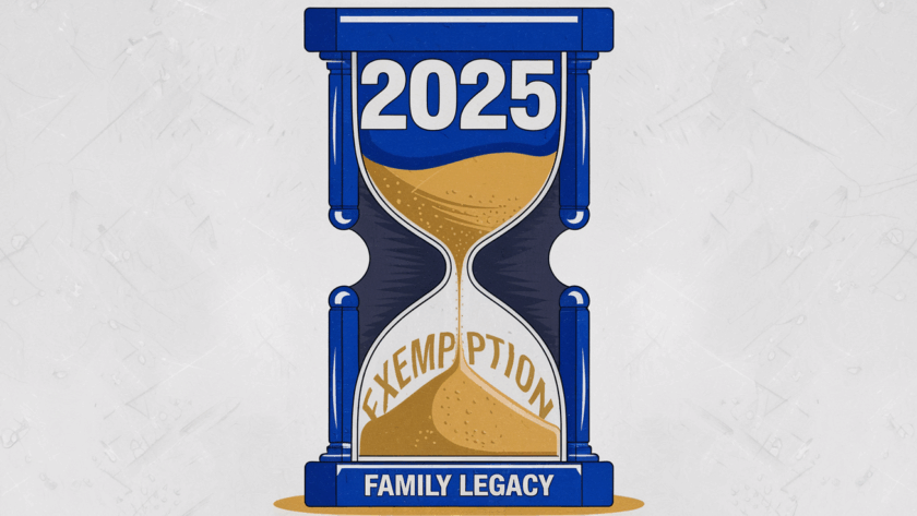 Block illustration of an hourglass with diminishing sand, symbolizing the decreasing estate tax exemption.