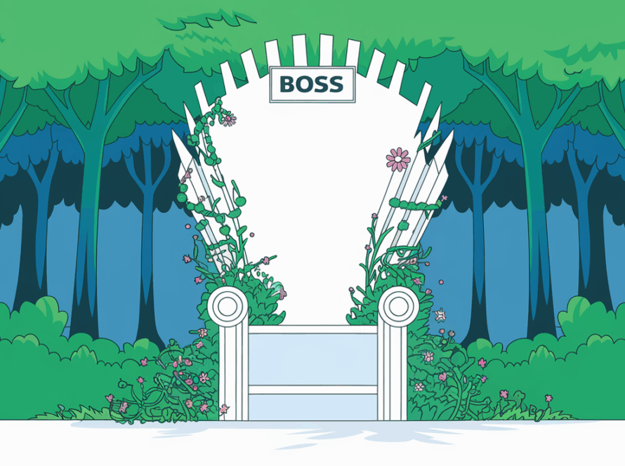 An empty throne overgrown with plants.