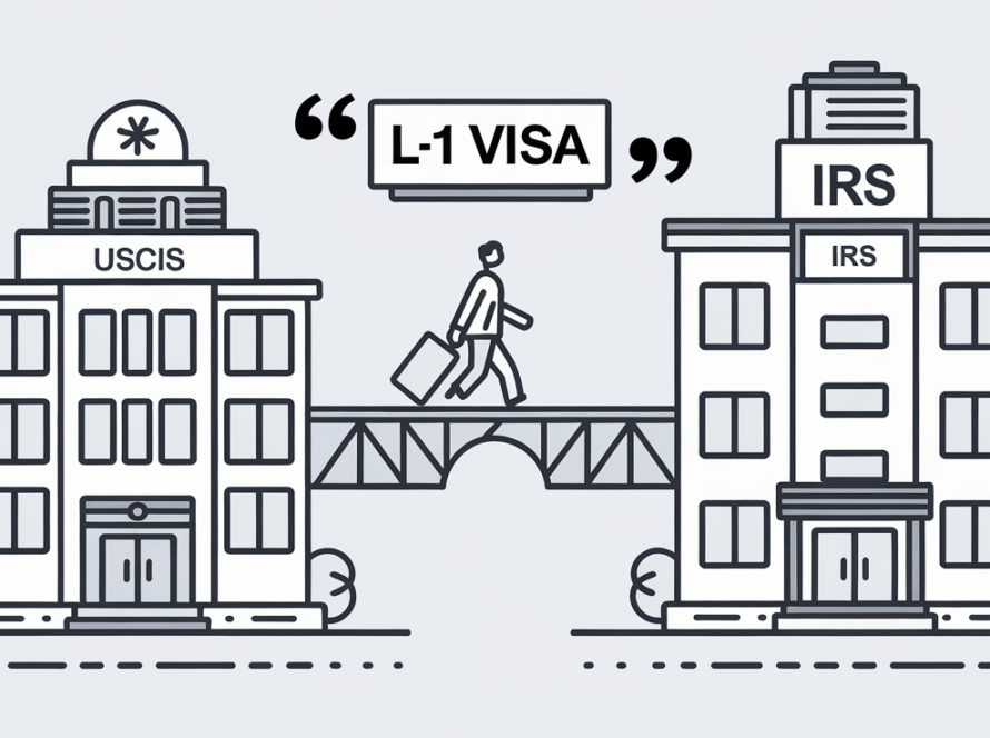 Line art of two office buildings connected by a bridge with a person walking towards the U.S. office labeled 'L-1 Visa