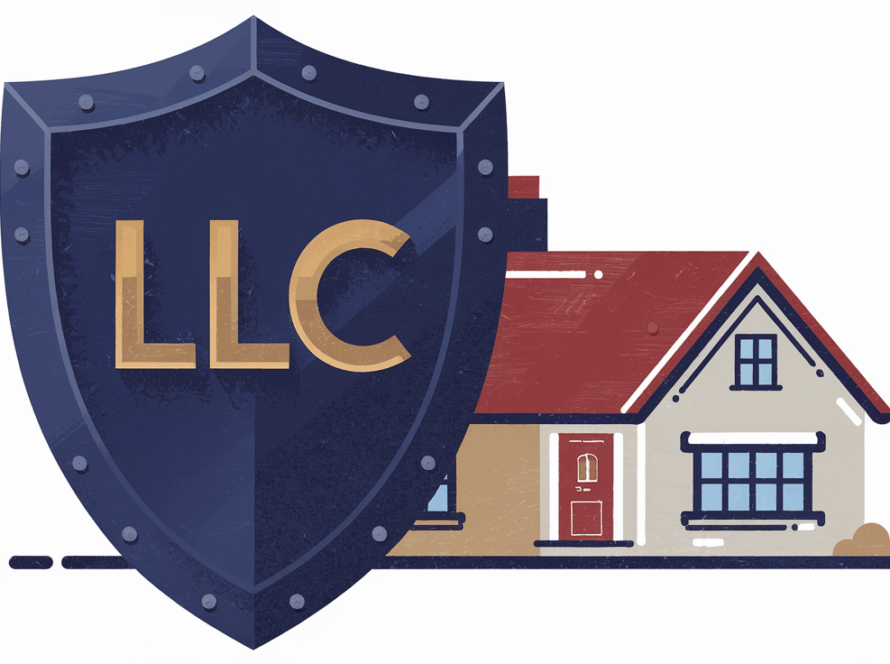 A graphic of a shield protecting a house, symbolizing LLC protection for rental properties.