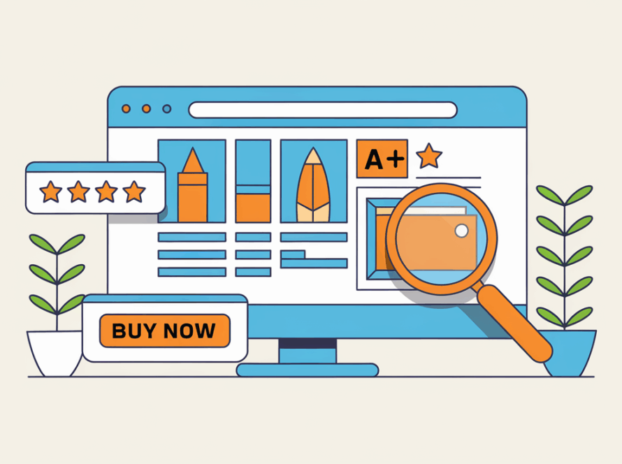 Line art of an optimized Amazon product listing with images, bullet points, A+ content, and 5-star rating