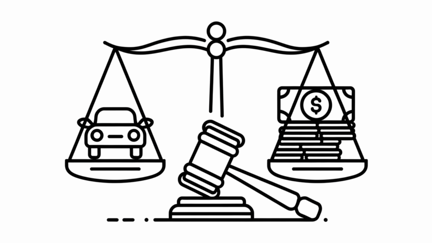 Scales balanced with a car on one side and money on the other, with a gavel in the center.