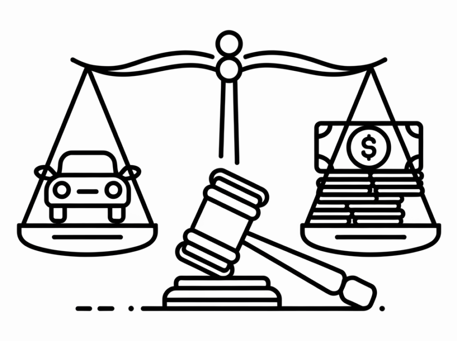 Scales balanced with a car on one side and money on the other, with a gavel in the center.