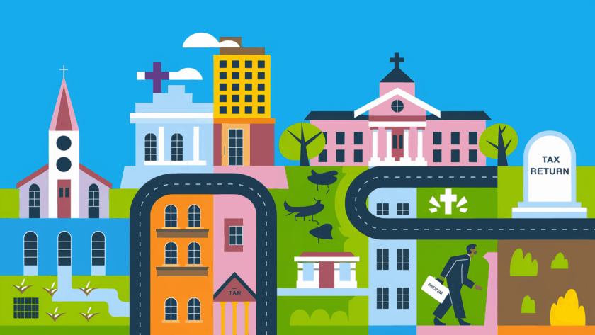 Vector art depicting a city skyline with buildings representing life events and a figure carrying a tax return.
