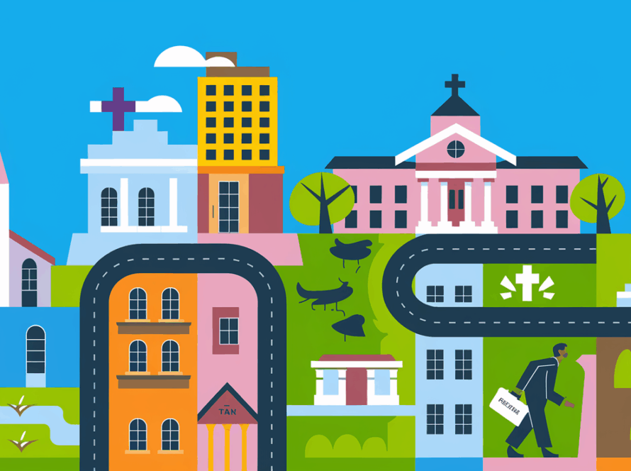 Vector art depicting a city skyline with buildings representing life events and a figure carrying a tax return.