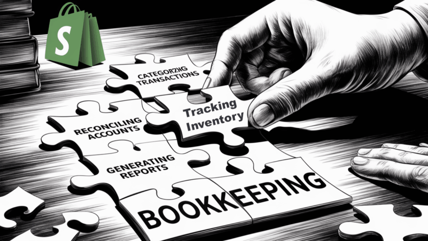 Charcoal illustration of a hand assembling puzzle pieces representing key bookkeeping tasks for Shopify.