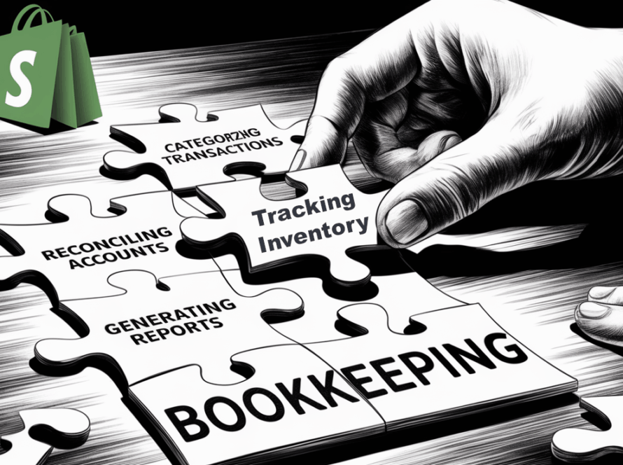 Charcoal illustration of a hand assembling puzzle pieces representing key bookkeeping tasks for Shopify.